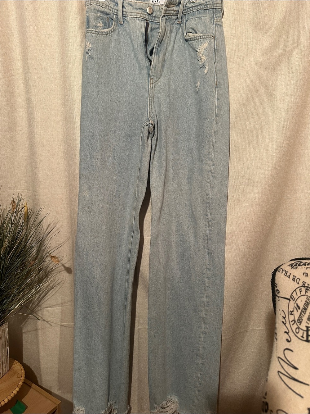 Zara Light Blue Wide Leg Distressed Jeans